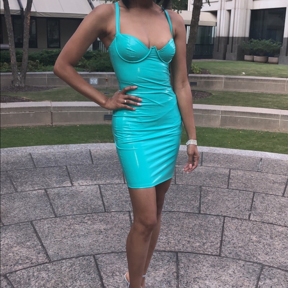 Turquoise firm fitting latex dress